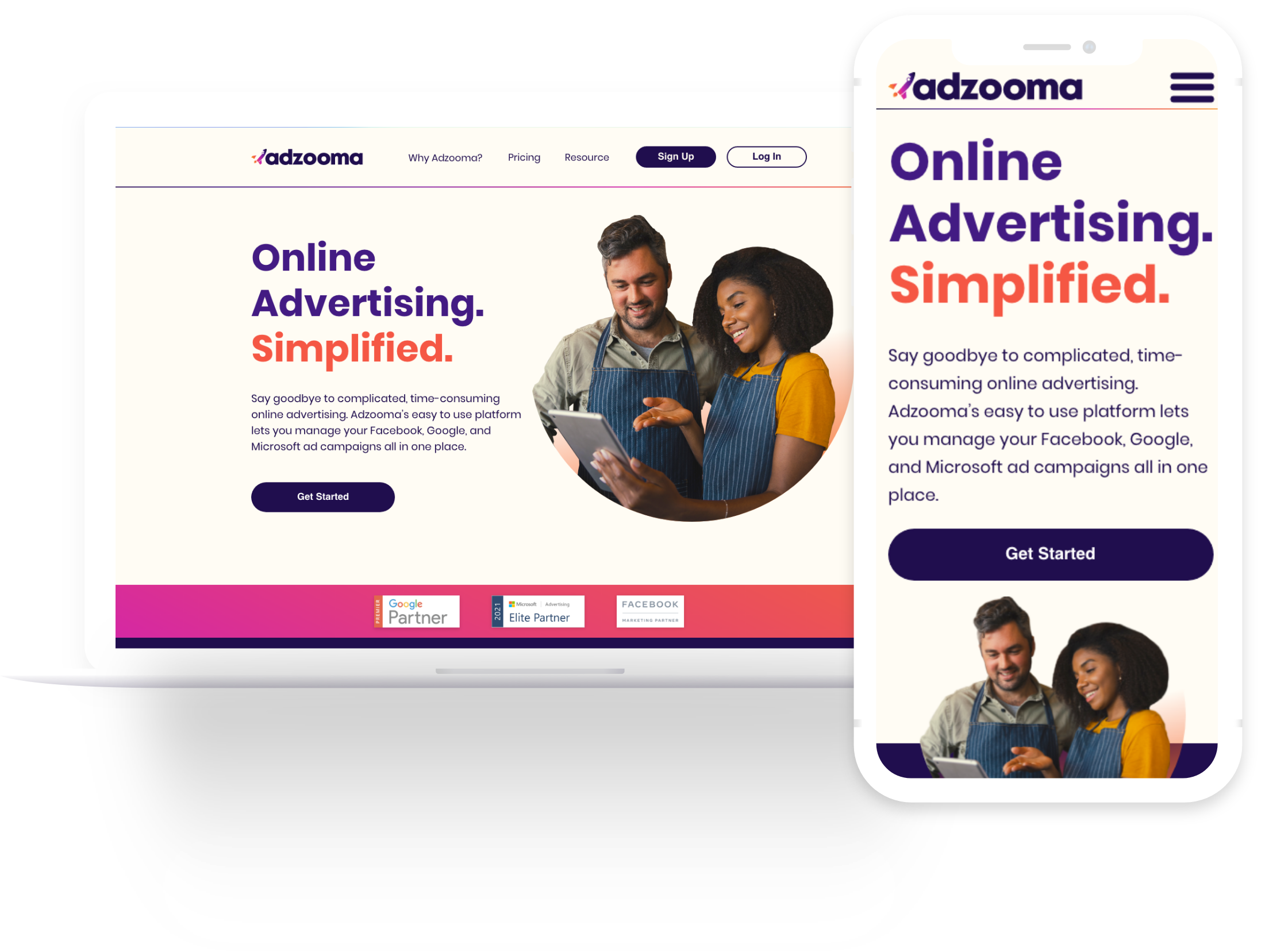 Desktop and mobile Adzooma website designs introducing the advertising platform