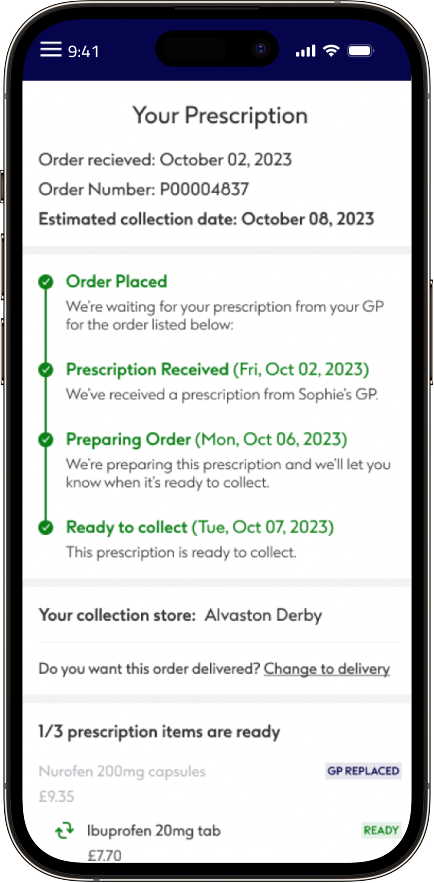 Boots prototype showing a prescription progress timeline and collection details