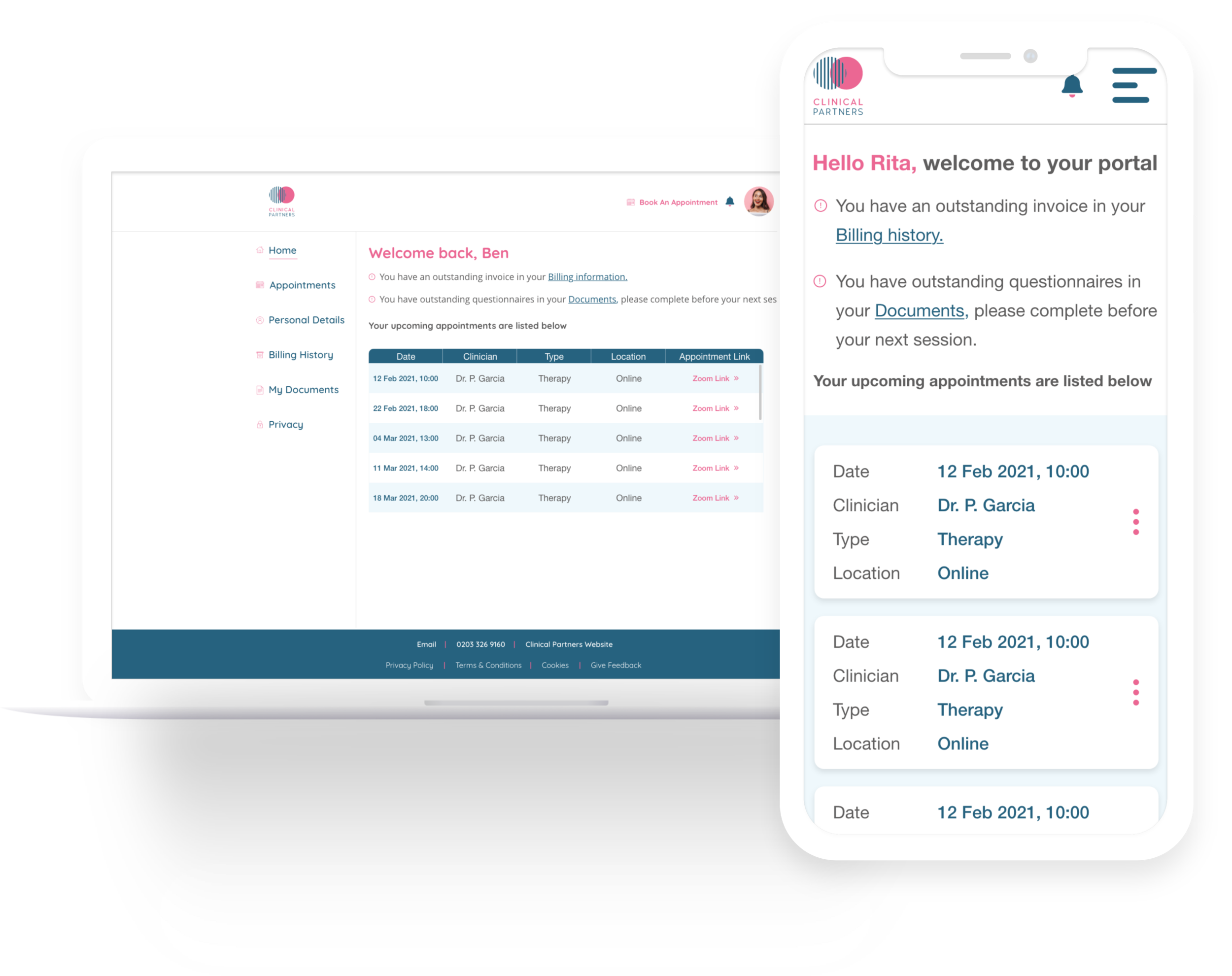 Clinical Partners portal designs with upcoming appointments and links to online sessions